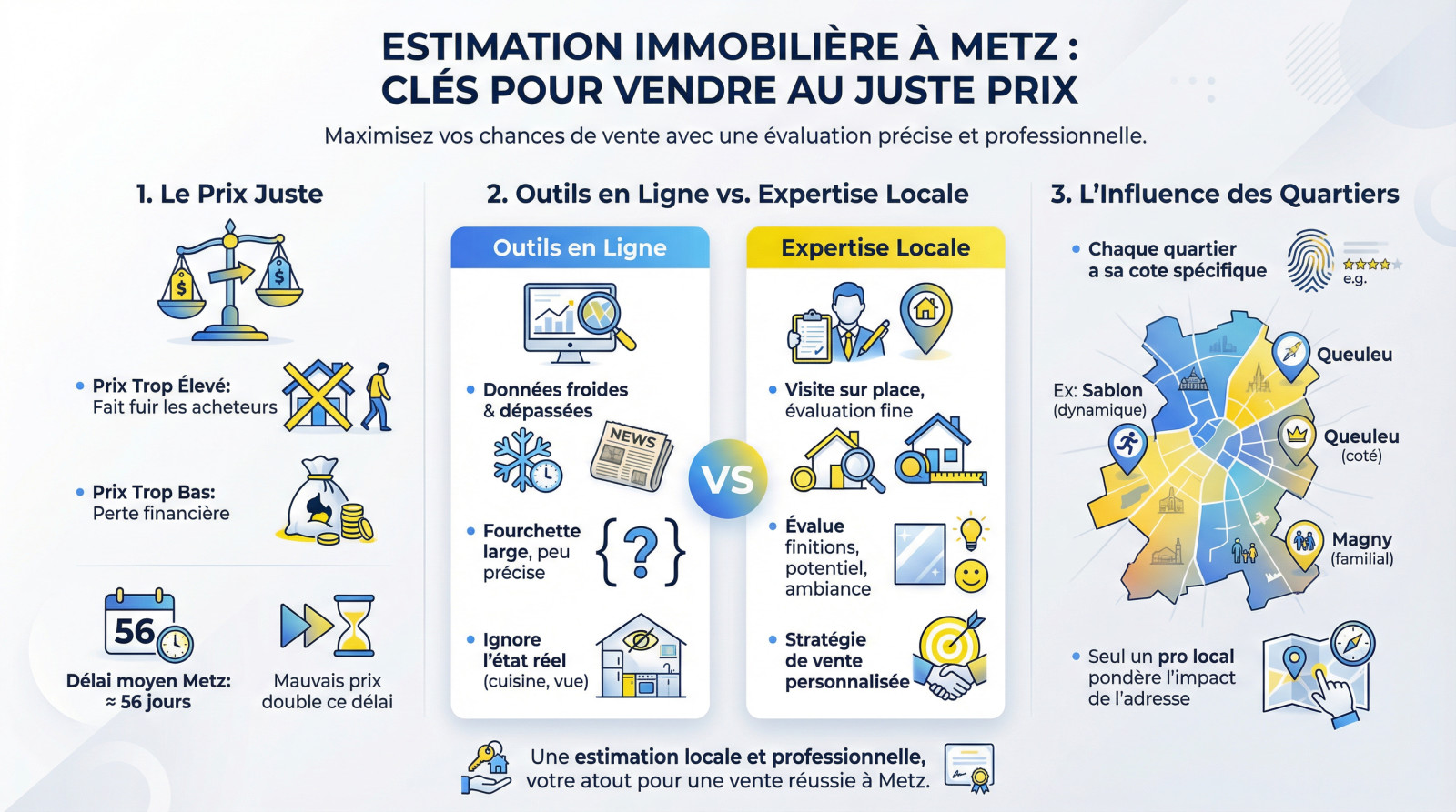 <strong>Estimation immobilière maison Metz</strong>« ></p>
<h3>Fixer le bon prix : pourquoi c’est le nerf de la guerre</h3>
<p>Un prix trop élevé ? Votre maison va « griller » sur les portails d’annonces, ignorée par des acheteurs méfiants. À l’inverse, sous-évaluer, c’est jeter de l’argent par les fenêtres. Le marché immobilier messin est hyper réactif et <strong>ne pardonne aucune erreur de calibrage</strong>.</p>
<p>Sachez que le <strong>délai de vente moyen à Metz tourne autour de 56 jours</strong>. Un mauvais affichage tarifaire peut doubler ce temps d’attente, engendrant une incertitude pénible et beaucoup de frustration inutile.</p>
<p>L’objectif n’est pas de tenter un coup de poker, mais de <strong>définir le prix juste</strong>. Celui qui déclenche les appels, provoque les visites et permet une négociation saine et rapide.</p>
<h3>Outils en ligne vs. expertise locale : ne tombez pas dans le panneau</h3>
<p>Soyons honnêtes, les <strong>estimateurs en ligne sont souvent des gadgets</strong>. Ils crachent une fourchette immense basée sur des statistiques froides, parfois vieilles de six mois. Ils ne voient ni votre cuisine équipée, ni la vue dégagée depuis le salon.</p>
<p>Un expert local, lui, se déplace chez vous. Il capte <strong>ce qu’aucun algorithme ne peut sentir</strong> : la qualité de vos finitions, le potentiel d’aménagement ou l’ambiance spécifique de votre rue.</p>
<p>Une véritable <a href=