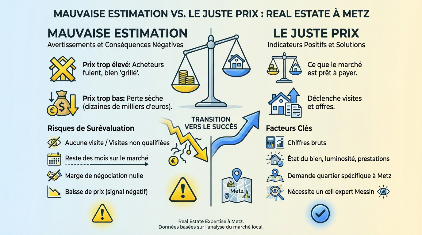 Graphique montrant l'<strong>impact négatif d'une mauvaise estimation immobilière sur le prix de vente final</strong> à Metz