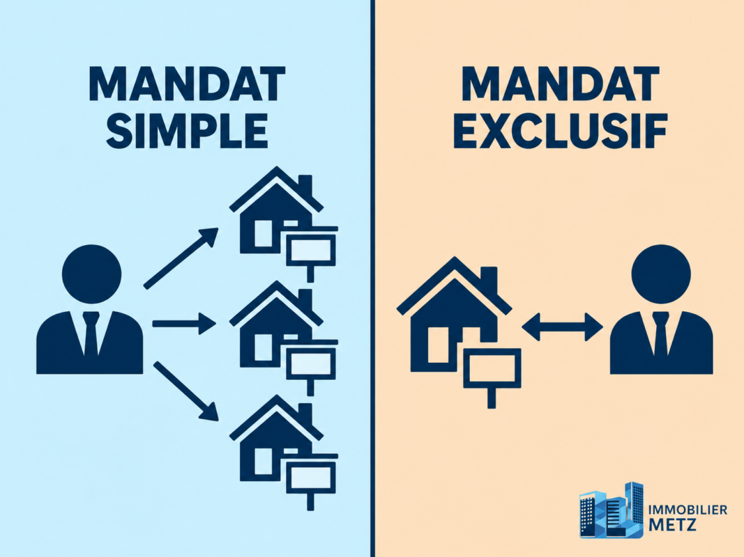 Illustration comparative d’un mandat immobilier simple et d’un mandat exclusif pour vendre un bien à Metz.