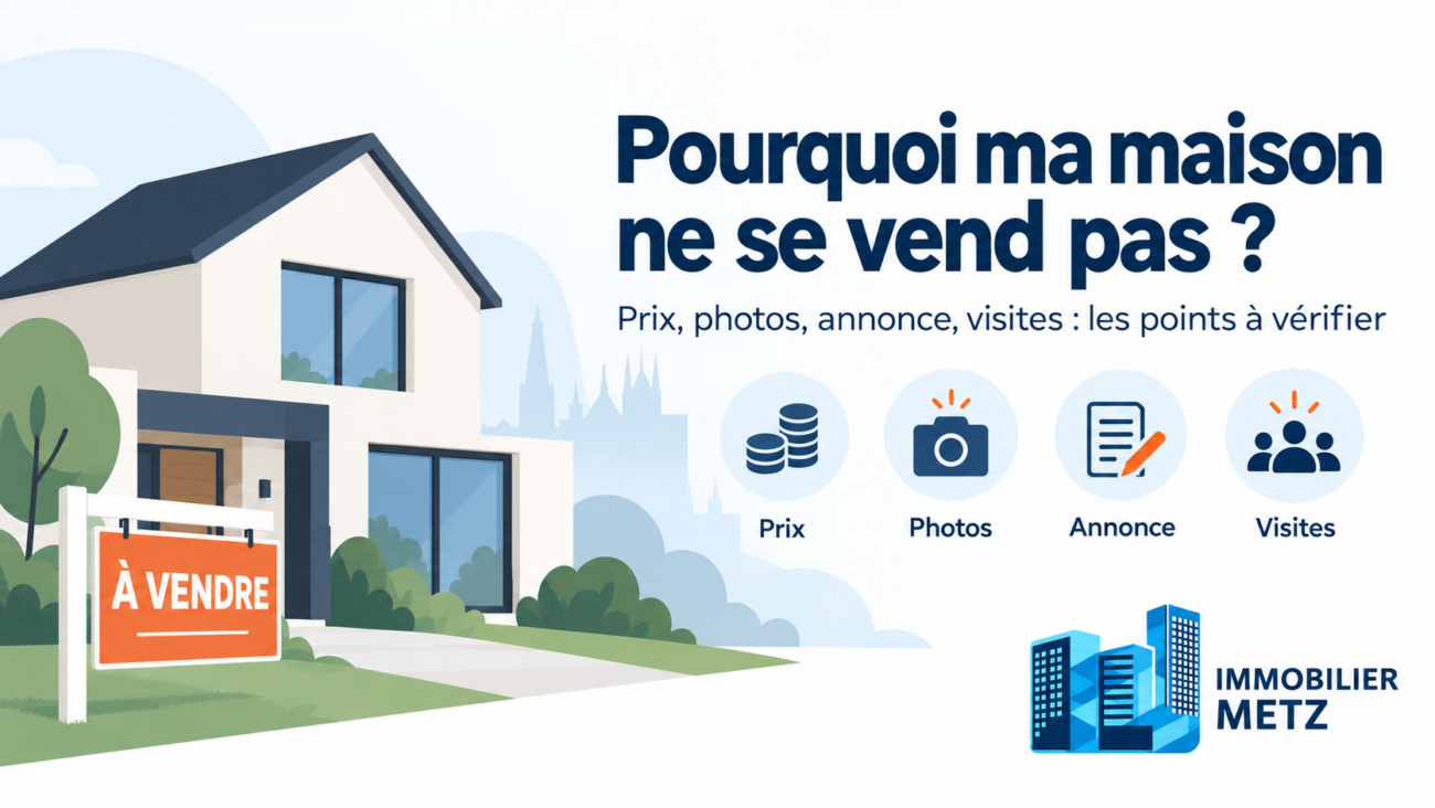 Illustration d’une maison à vendre expliquant pourquoi ma maison ne se vend pas avec les points à vérifier : prix, photos, annonce et visites.