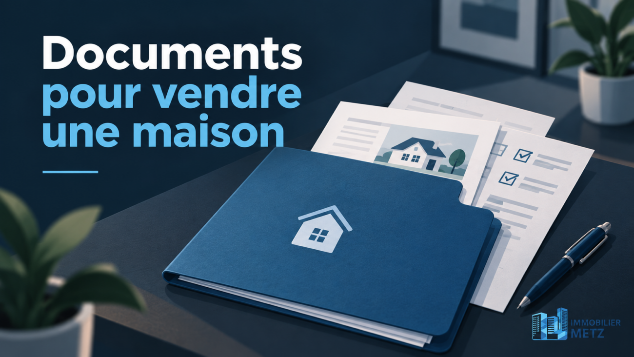 Dossier papier d’agence immobilière illustrant les documents pour vendre une maison, avec formulaires, checklist et logo Immobilier Metz.