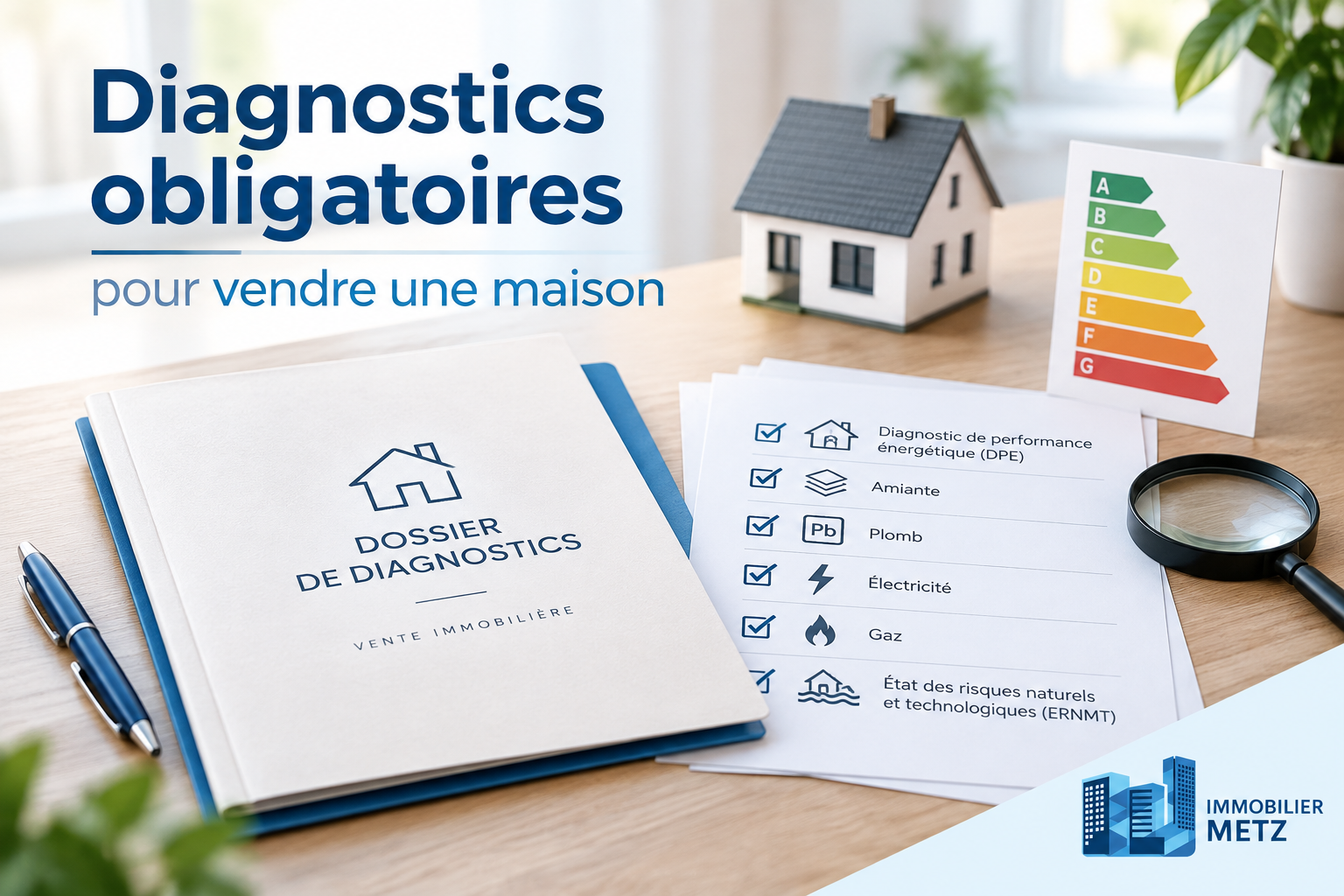 Illustration des diagnostics obligatoires vente maison avec dossier de diagnostic technique, maison, DPE et logo Immobilier Metz.