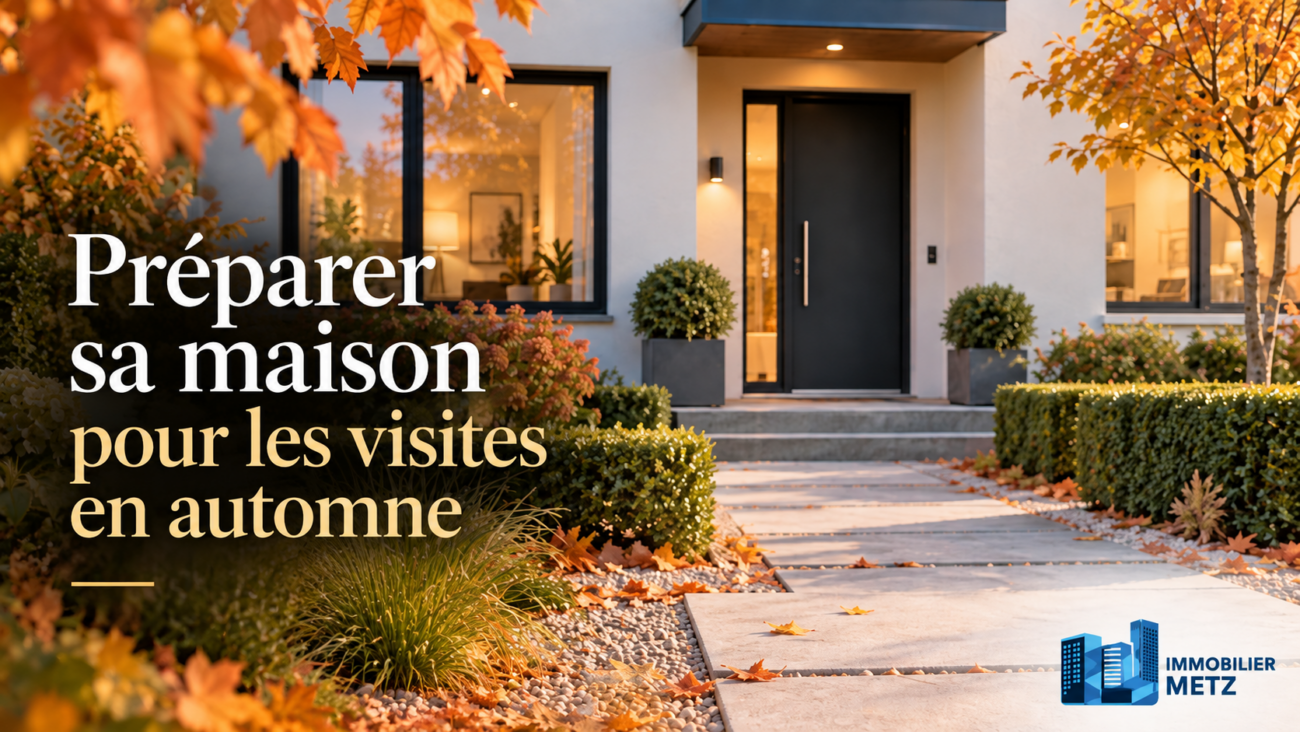 Illustration d’une maison en automne pour préparer maison visite immobilière avec un extérieur soigné, une entrée accueillante et le logo Immobilier Metz.