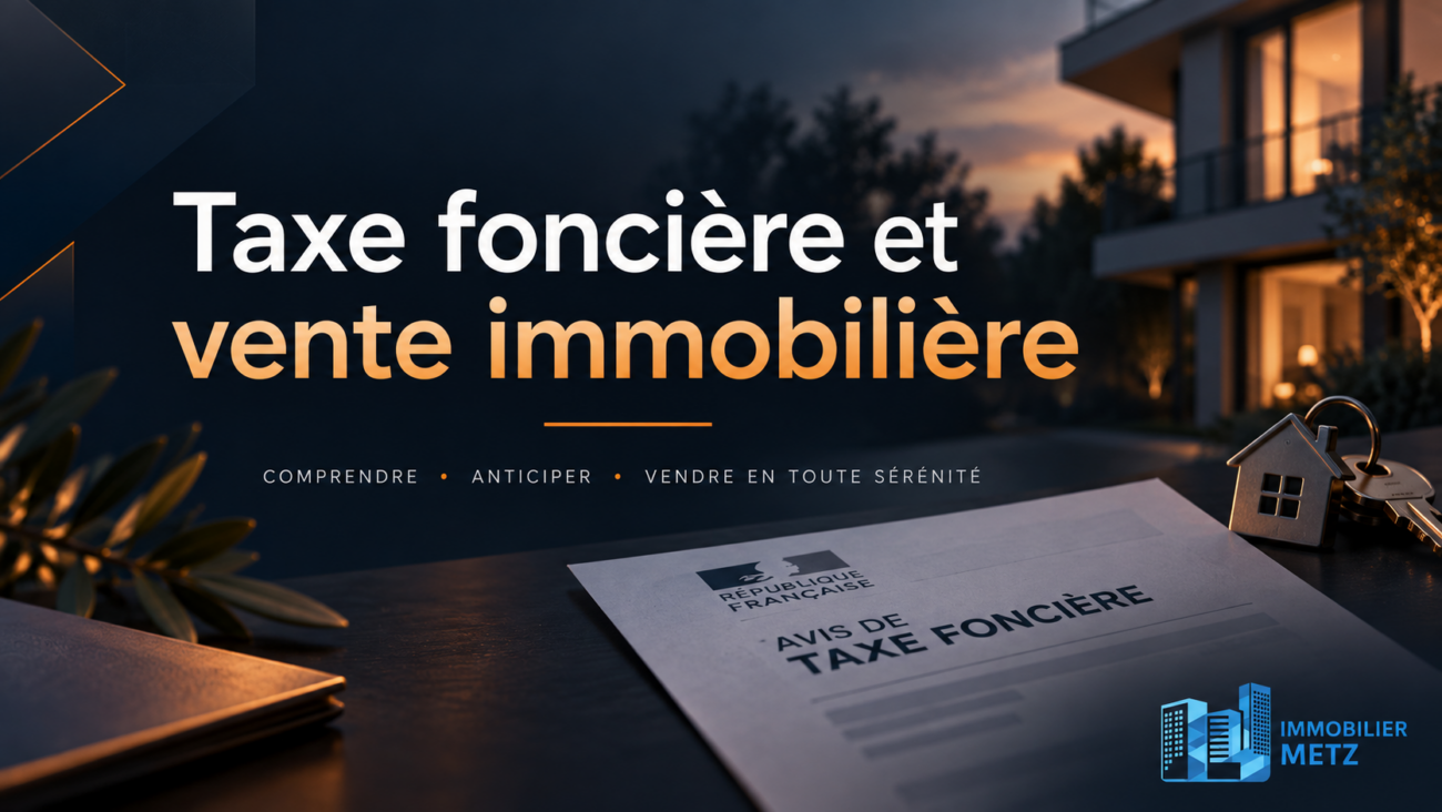 Illustration sur la taxe foncière vente immobilière avec avis fiscal, maison, clés et logo Immobilier Metz.